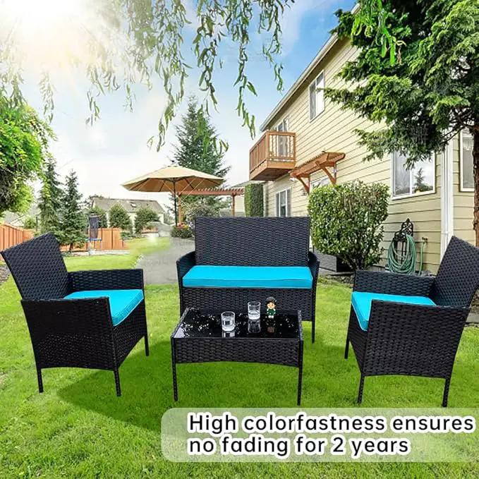 3-Pack Outdoor Patio Furniture Replacement Cushions Set–High-Elastic Sponge Cushions Fit 4-Piece Wicker Rattan Sofa, Loveseat & Chairs, 36x18x2 & 18x18x2, Waterproof, Fade-Resistant (Lake blue) by GreenHaven Gardens