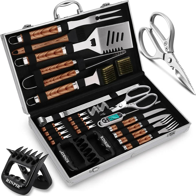 35pcs Deluxe Grilling Gifts Set for Birthday Fathers Day, Stainless Steel BBQ Accessories Kit for Men Dad, Professional Grill Tools Utensils with Scissors, Meat Claws in Aluminum Case Brown by GreenHaven Gardens