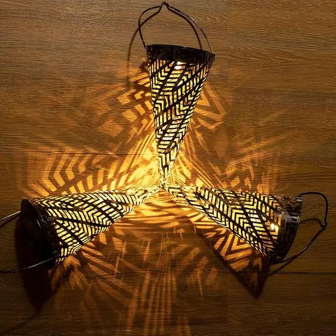 Outdoor Decorative Solar Hanging Lights with Delicate Hollow Conical Lantern Design - Set of 3 Chandelier for Patio, Tree, Garden, Yard, Porch, Backyard Pathway and Christmas Decoration. by GreenHaven Gardens