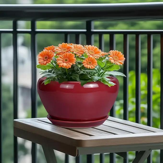 Ceramic Planter - 11 Inch Planter for Outdoor Plants Large Plant Pot Indoor with Drainage Hole and Saucer Round Modern Flower Pot Mid-Century Room Decor Red by GreenHaven Gardens