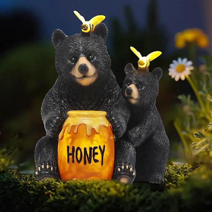 Solar Garden Decor Statues 7" Resin Mother&Cub Bear Figurines with Honey Jar Waterproof Black Bear Decor for Outside Yard Patio Porch Decoration Gift for Mom Grandma by GreenHaven Gardens
