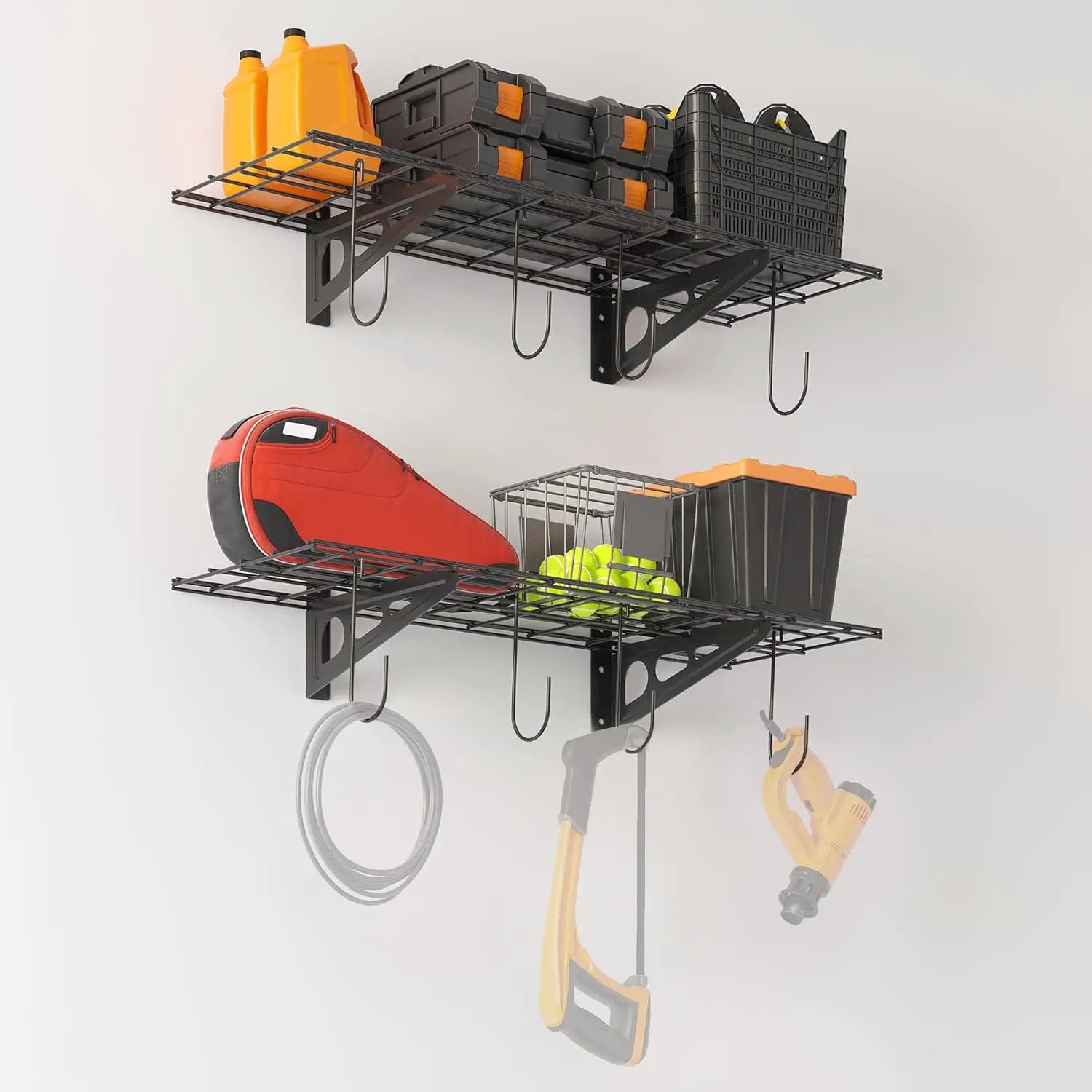 1x3 ft Garage Shelving with 8 Bike Hooks, 2-Pack Wall-Mounted Shelves for Garage, Kitchen, Pantry Storage, 300 lbs Total Load Capacity Garage Wall Shelving, Black by GreenHaven Gardens