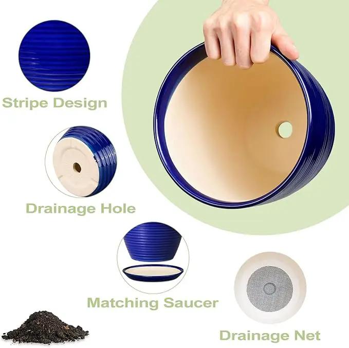 Ceramic Planter Pot - 10 Inch Plant Pot Indoor with Drainage Hole and Saucer Round Planter Large Modern Decorative Flower Pot Outdoor Garden Pot Blue by GreenHaven Gardens