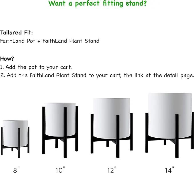 FaithLand Plant Pot 14 inch - Perfectly Fits Mid-Century Modern Plant Stand - Drainage Plug and Drainage Mesh Screen - Matte White by GreenHaven Gardens