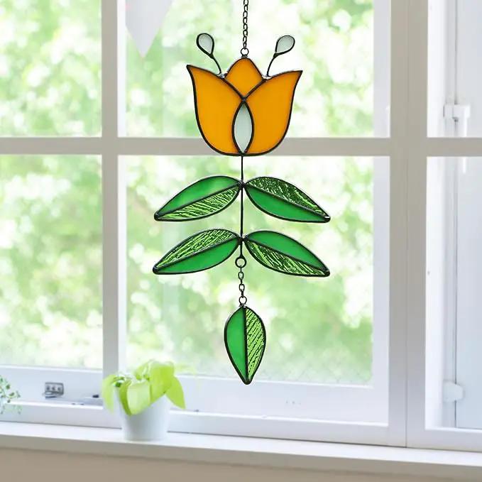 Tulip Stained Glass Suncatcher, Valentines Day Gifts, Folk Flower Stained Glass Window Hanging Sun Catcher, Retro Home Decor, Window Decorations for Plant Lovers, 9.4" x 4.7" by GreenHaven Gardens