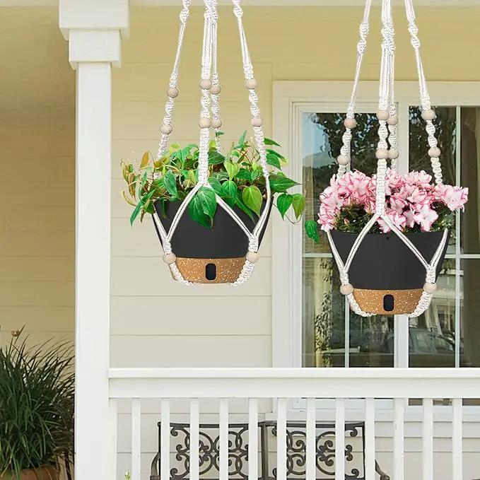 ZMTECH 2 Pack 10 Inch Hanging Planters with Macrame Plant Hanger for Indoor and Outdoor Plants, Self Watering, Drainage Hole, Visible Level Tray, Gray by GreenHaven Gardens