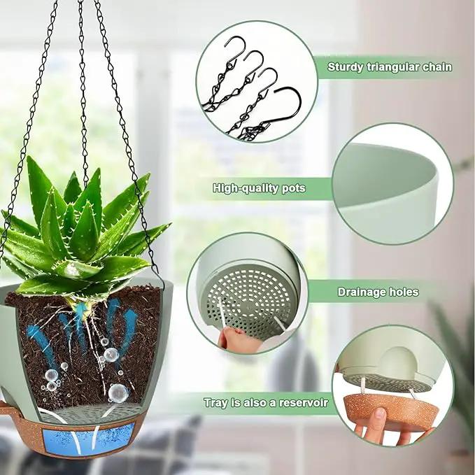 3 Pack Hanging Planter Indoor Outdoor Flower Pots 7/6.5/5 Inch, Self-Watering Hanging Pot with Drainage Holes Hanging Baskets Holder Plant Pots for Garden (Green) by GreenHaven Gardens