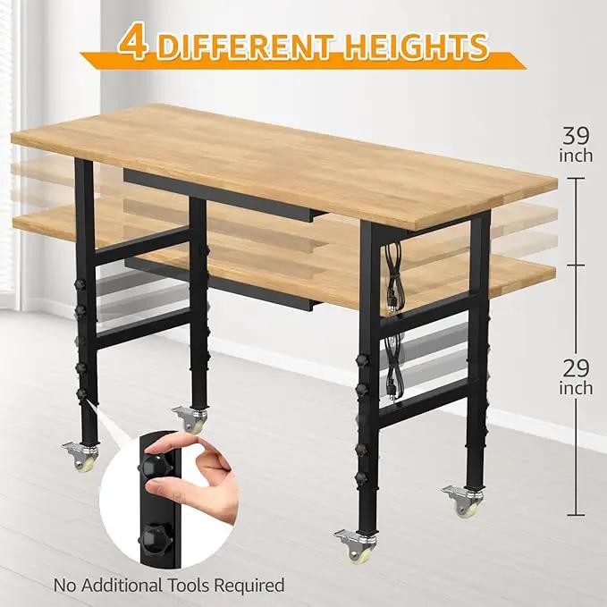 60" Adjustable Workbench,Heavy-Duty Work Table,3000 LBS Load Capacity Hardwood Workstation Outlets with Power Strips, Drawers and Wheels,for Workshop, Garage by GreenHaven Gardens