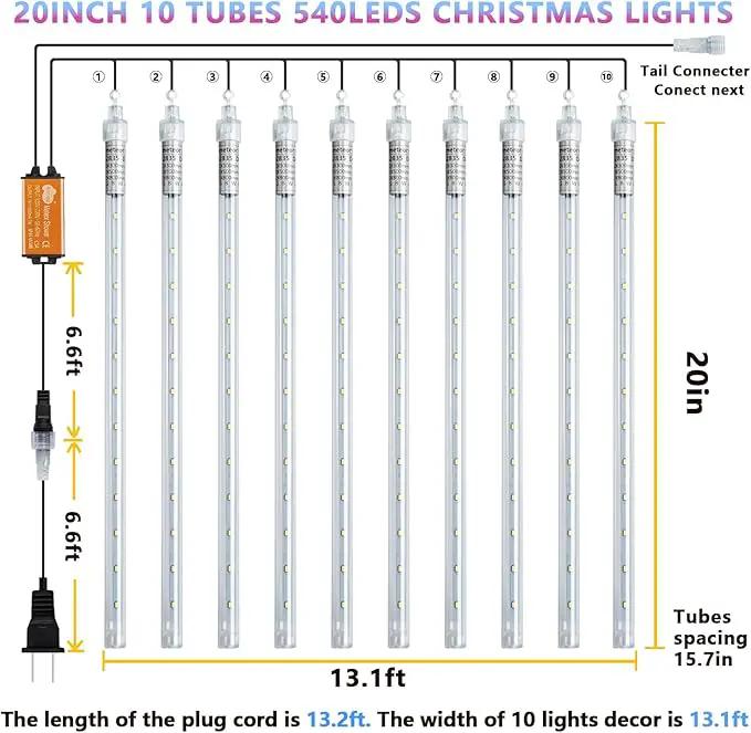 High Brightness 10 Tube 540 LED 20 Inch Meteor Shower Rain Lights Cascading Falling Rain Outdoor Lights for Christmas Roof Eaves Tree Decoration Icicle Raindrop by GreenHaven Gardens