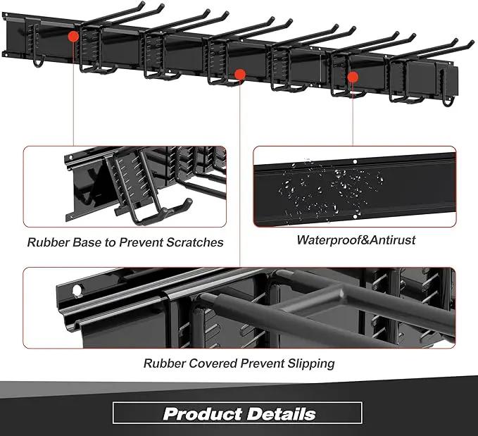 Storaboks Heavy Duty Garage Storage Rack System, Wall Mounted Tool Organizer with 8 Double Hooks, 3 Rails, Garden Yard Tools Hanger for Ski Gears, Broom, Rake, Shovel by GreenHaven Gardens