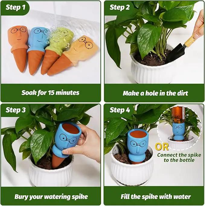 Terracotta Self Watering Spikes, 4 Pack Self Watering Planter Insert, Vacation Plant Slow Release Watering Devices for Indoor Outdoor Plants, Big Head by GreenHaven Gardens