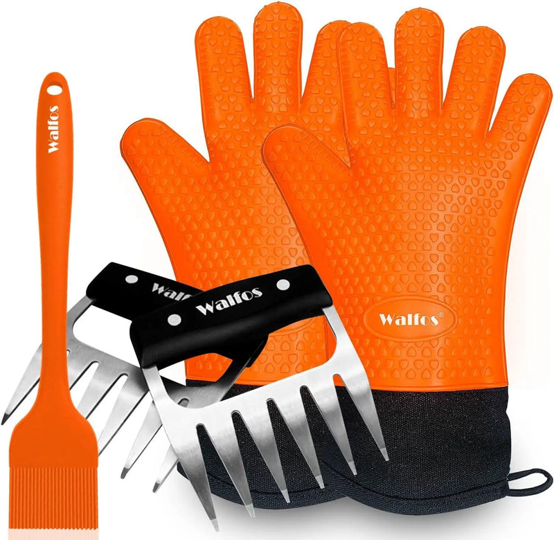 Walfos Silicone BBQ Gloves - Heat Resistant Grilling Gloves Set with Pork Shredder Claws & Brush, Non-Slip Kitchen Silicone Oven Mitt with Protective Cotton Layer, Suit for Indoor & Outdoor, Orange by GreenHaven Gardens