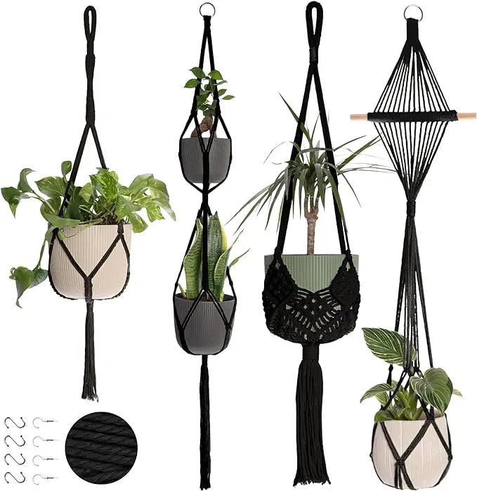 Nook Theory 4-Pack Macrame Plant Hanger - with 8 Ceiling Hooks - Hanging Planter Indoor Outdoor - Hanging Plant Holder - Decorative Bohemian Plant Hangers - Hanging Plants (Black) by GreenHaven Gardens