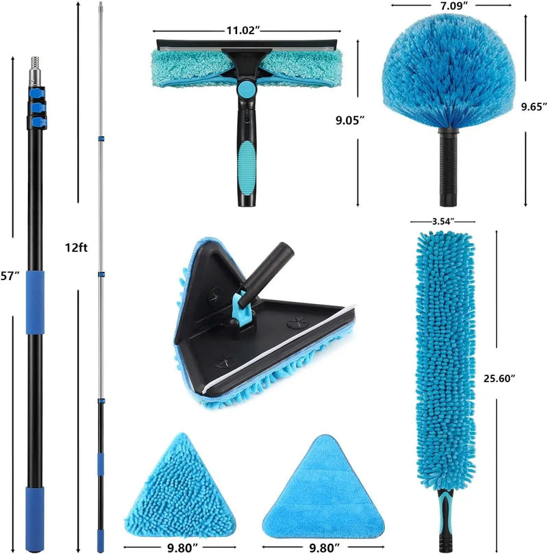 20 Feet High Ceilings Baseboard Wall Cleaner Mop with 12 Ft Extension Pole, Cobweb Duster, Window Cleaning Squeegee Kit (12ft) by GreenHaven Gardens