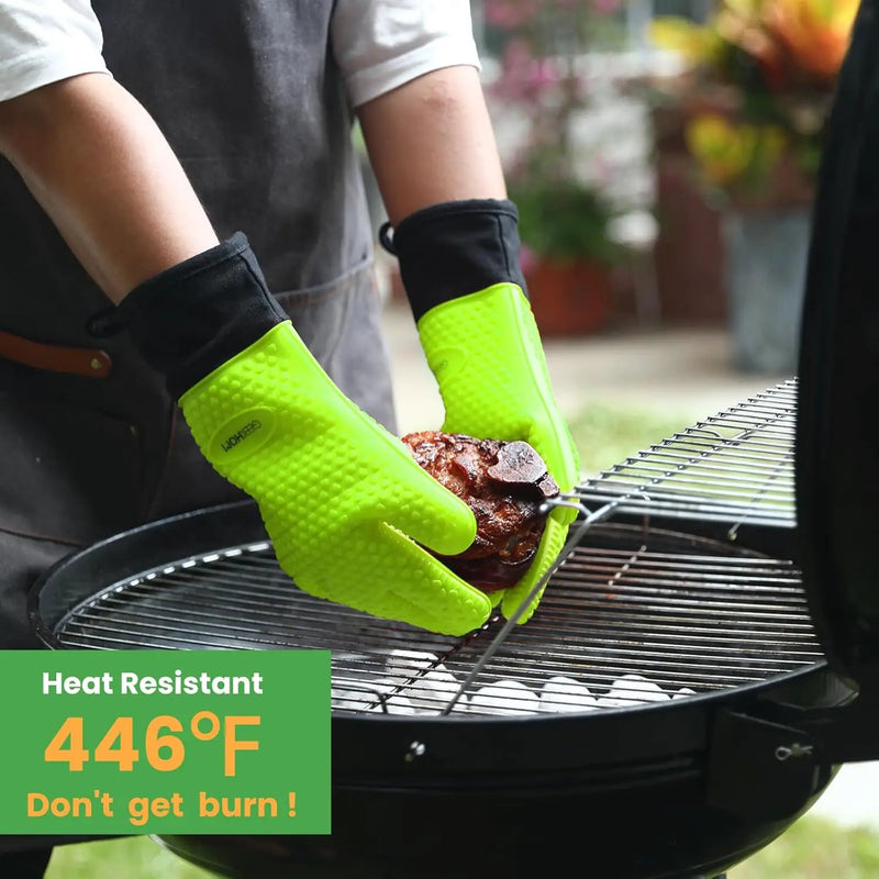 GEEKHOM BBQ Gloves Heat Resistant Oven Mitts - Silicone Grilling Gloves with 13.7" Arm Protection - Waterproof Pot Holder Non-Slip for Men & Women, Kitchen Outdoor Cooking, Baking, Camping, Green by GreenHaven Gardens