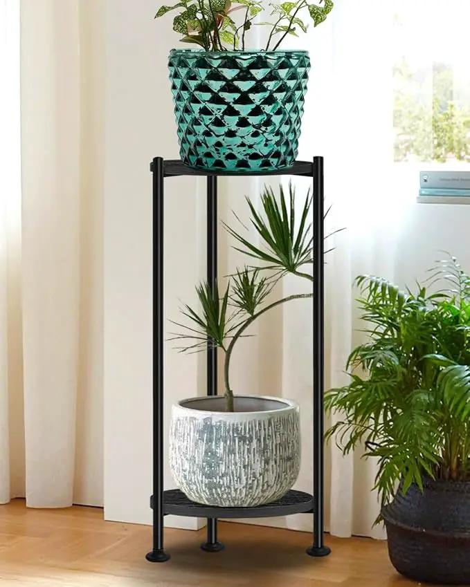 Plant Stand Indoor, 2 Tier Plant Stands for Indoor Plants, 30" Tall Flower Stand with Round Wooden Board Modern Plant Shelf for Living Room, Balcony, Deck by GreenHaven Gardens