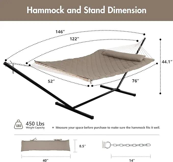 ANOW 2 Person Hammock with 12FT Heavy Duty Steel Stand, Double Rope Hammock with Detachable Pillow and Pad for Outdoors Indoors, 450 LBS Weight Capacity, Light Brown by GreenHaven Gardens
