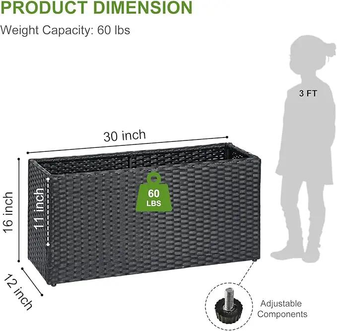 LEWIS&WAYNE Large Rectangular Block Planter Box Handmade Wicker Tall Planters for Outdoor Plants with Removable Liners Modern Planter for Indoor Outdoor Patio Deck - Black, 30''x12''x16''
