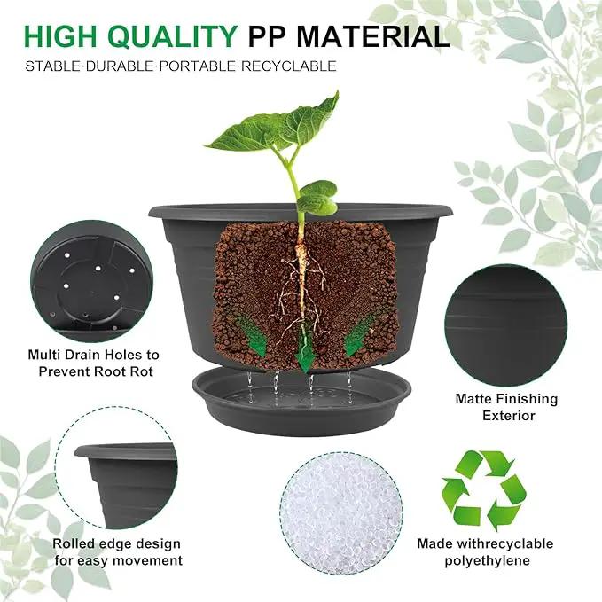 6 Pack 10 inch Plant Pot, Round Plastic Plant Pots, Outdoor Pots for Plants with Drainage Hole & Tray Saucer, Decoration Flower Pots for Indoor Plants Home Garden Outdoor Planters (Grey) by GreenHaven Gardens