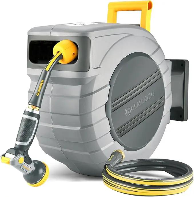 Retractable Garden Hose Reel 1/2 in x 130 ft, 2025 Upgraded Dual Ratchet Lock UV & Freeze Protection Brass Seal Slow Retraction Anti-Tangle Hose 180°Swivel Reinforced Scaffold Wall Mount by GreenHaven Gardens