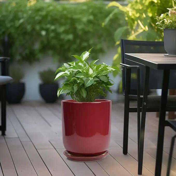 Ceramic Planter for Plants - 10 Inch Plant Pot Indoor with Drainage Hole and Saucer Modern Large Outdoor Planter Flower Pot for Home Decor Red by GreenHaven Gardens