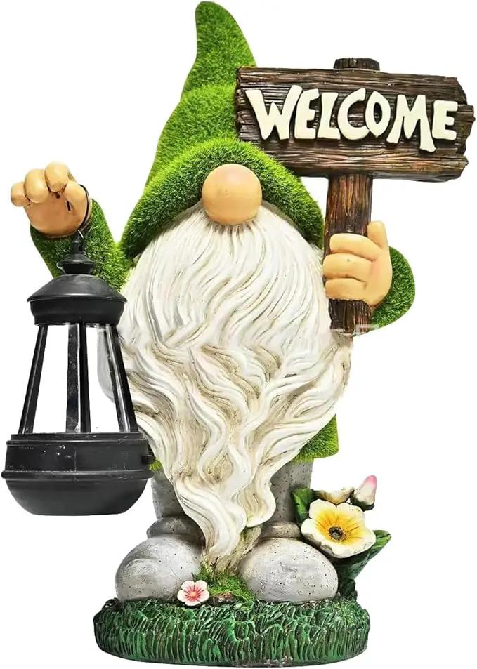 Garden Gnome Statue Outdoor Decor Large Flocked Resin Gnome Figurine with Solar Light Holding Lantern Welcome Sign Garden Yard Decorations Dwarf Sculpture for Outside Patio Porch Lawn Decor. by GreenHaven Gardens