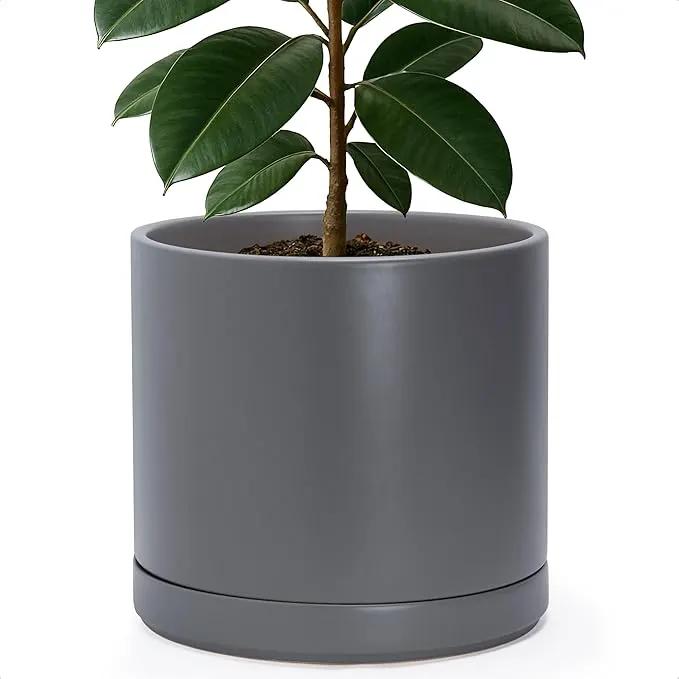 D'vine Dev 14 Inch Ceramic Planter Pot with Drainage Hole and Saucer, Indoor Cylinder Round Planter Pot, Speckled Grey, 94-O-G-3 by GreenHaven Gardens