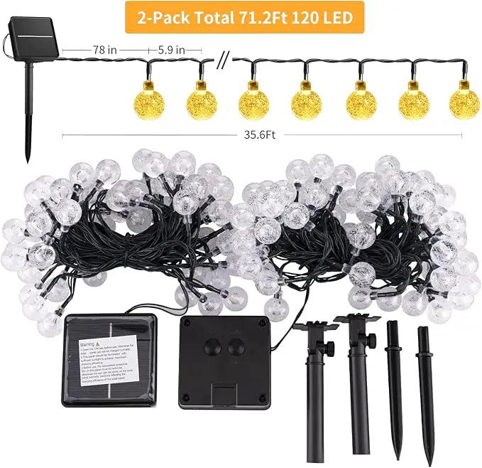 Solar String Lights Outdoor Waterproof, 2 Pack 60 LED 36.5 FT Each, Crystal Globe Lights with 8 Lighting Modes, Solar Powered Patio Lights for Garden Yard Porch Wedding Party Decor (Warm White) by GreenHaven Gardens