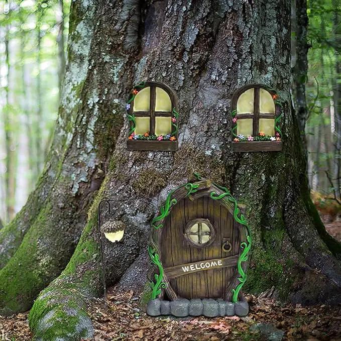Resin Fairy Door & Window Set with Glow in The Dark Windows, Miniature Sculpture for Trees, Outdoor Decor Accessories by GreenHaven Gardens