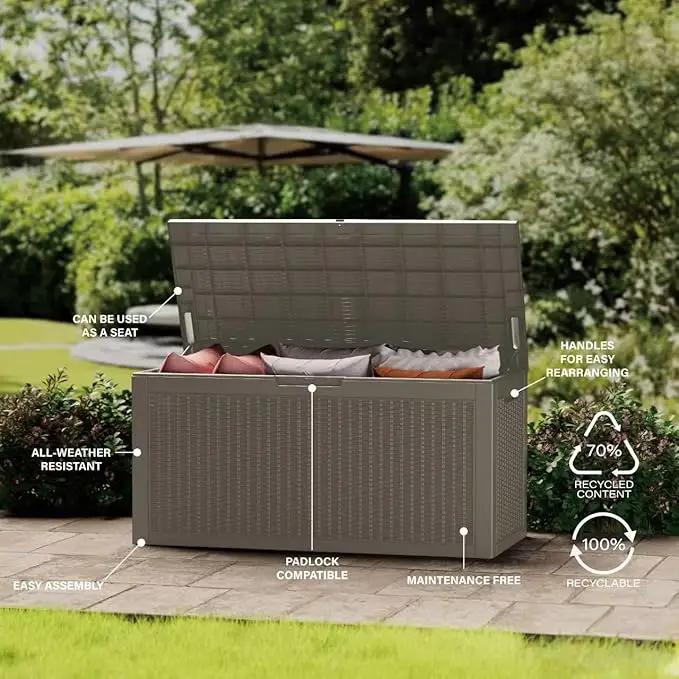 Multi-Functional 100 Gallon Patio Storage Bench - Waterproof Outdoor Deck Box & Storage Cabinet, Lockable Resin Chest for Pool/Garden Accessories, UV-Resistant, Weathered Grey by GreenHaven Gardens