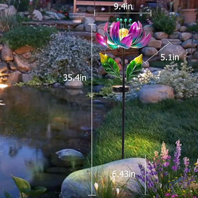 Solar Purple Metal Flower Wind Spinners, Colorful Spinning Windmill Lotus Yard Art Lights Wind Pinwheels with LED Crystal Ball Decorative Stake Lighting Flower Sculpture by GreenHaven Gardens