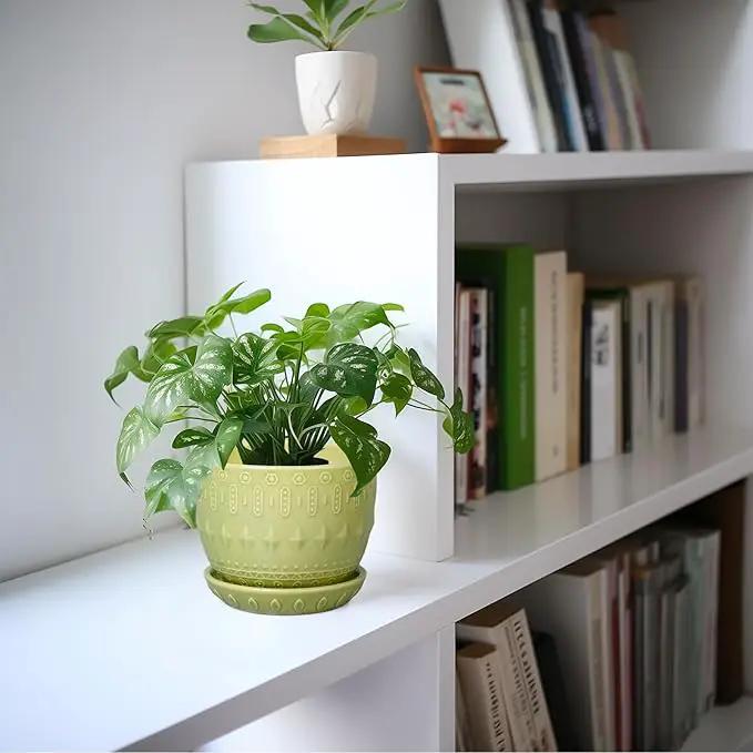 G EPGardening Ceramic Planter 5.5 Inch - Boho Plant Pot Indoor with Drainage Hole and Saucer, Round Flower Succulent Pot for Plants, Plant Lovers Gifts, Garden Office House Decor, Green by GreenHaven Gardens