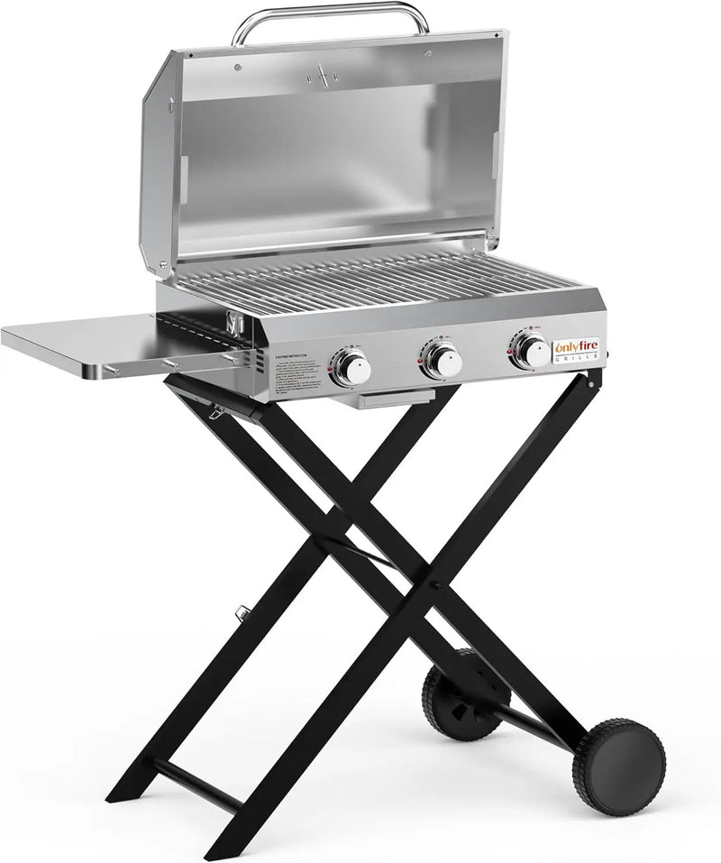 BBQ Gas Grill 3-Burner with Foldable Cart & Side Table, Portable Propane Grill with Lid for Outdoor Patio Backyard Barbecue Camping Tailgating RV Trip, Stainless Steel, GS308 by GreenHaven Gardens