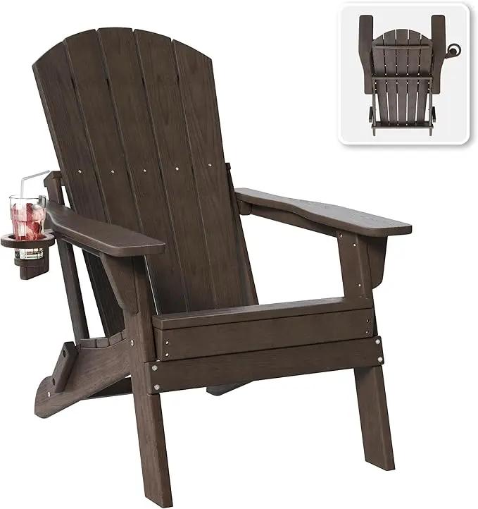 Folding Adirondack Chair with Cup Holder, HDPE All Weather Resistant Plastic Outdoor Patio Chairs, Heavy Duty Fire Pit Seating for Backyard Lawn Garden, Wooden Textured Design(Coffee) by GreenHaven Gardens