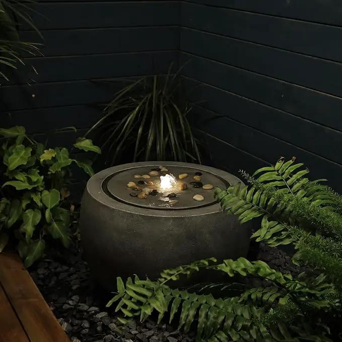 Garden Water Fountain Outdoor Bubbler Water Feature Indoor with Lights & Pump and Pebbles Waterfall Fountains Concrete Effect for Patio Deck Yard Home Decor Gray, 18 "L x 18" W x 11.5" H by GreenHaven Gardens