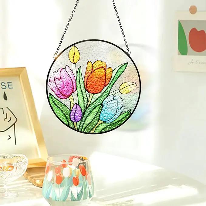 Tuitessine Tulip Suncatcher Stained Glass Window Hanging Panels, 6.3''x6.3'' Round Handmade Hanging Ornament with Chain, Garden Patio Wall Decor Flower Gift for Mom Teachers Friends by GreenHaven Gardens