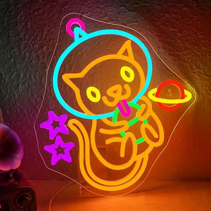 Astronaut Boba Tea Cat Neon Sign Cat Neon Lights for Wall Decor Cute Kitty with Stars Asteroids Anime Led Light Sign for Kids Bedroom Dimsum Store Cofes Bar Milk Tea Shop by GreenHaven Gardens