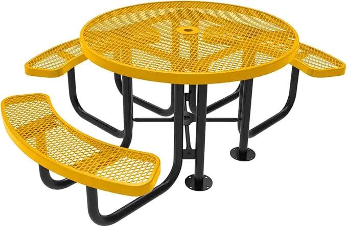 Heavy-Duty Portable Outdoor Picnic Table with Umbrella Hole, Expanded Metal Patio Dining Furniture Made in America (46" Round Top, Yellow) by GreenHaven Gardens