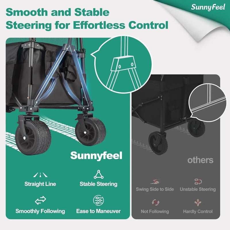 SUNNYFEEL Heavy Duty Collapsible Outdoor Utility Wagon Cart 500LB Capacity Adjustable Handlebar,Foldable Beach Wheels Stable Durable Oxford Fabric for Shopping Garden Camping (Black, Tall Version) by GreenHaven Gardens