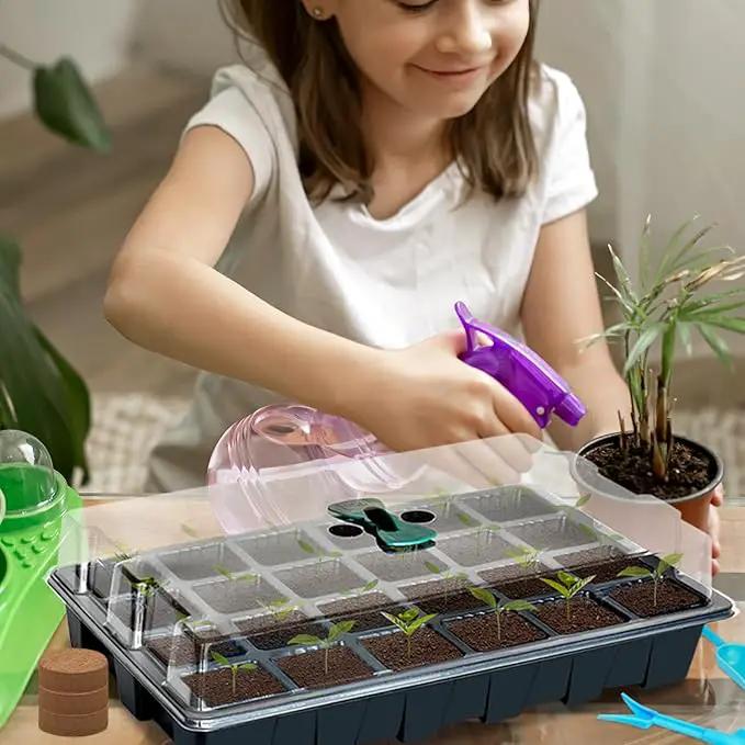 Halatool Seed Starter Kit, 2 Pack Seed Starter Trays with 50 Pcs Coco pellets and 2 Garden Tools & 100 Plant Labels, Greenhouse Indoor Seed Germination System for Herbs, Vegetables and Flowers (Black) by GreenHaven Gardens