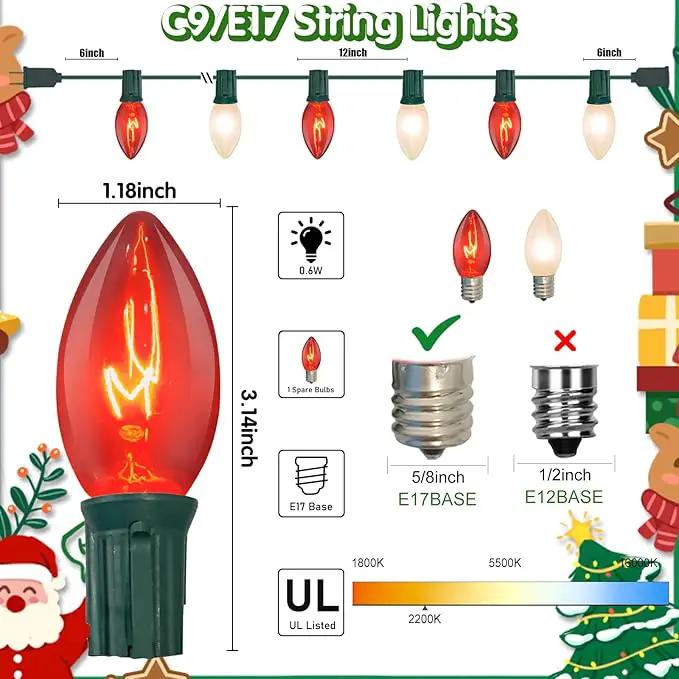 25ft C9 Red and White Christmas Lights,Waterproof C9 Christmas String Lights With 26 Red White bulbs,Commercial Christmas Lights Outdoor for Garden House Xmas Garland Christmas Tree Decorations by GreenHaven Gardens