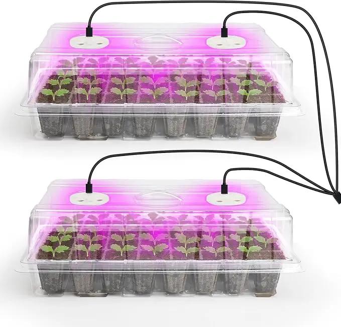 Bonviee 2-Pack Seed Starter Tray with Plant Light, Elevated Seedling Starter Trays Kits with Adjustable Humidity Domes and Clear Cell Tray, 12 Full Spectrum Led Lamp Beads for Plants Indoor-Clear by GreenHaven Gardens