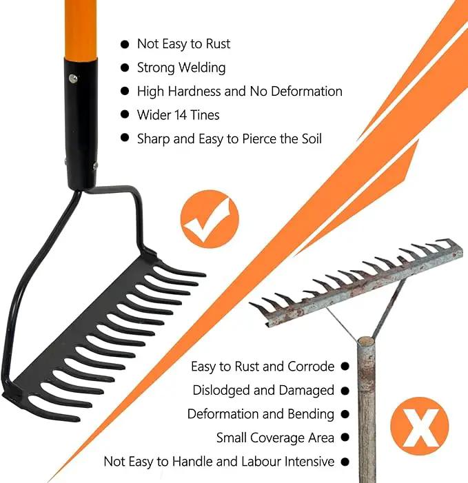 Garden Rake - 14 Tine Heavy Duty Rake with 58 Inch Fiberglass Handle by GreenHaven Gardens