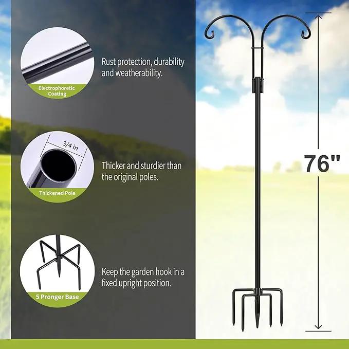 XDW-GIFTS Double Shepherds Hooks for Outdoor, 2-Pack Heavy Duty Garden Pole for Hanging Bird Feeder, Plant Baskets, Solar Light Lanterns, Garden Plant Hanger Stands with 5 Base Prongs by GreenHaven Gardens