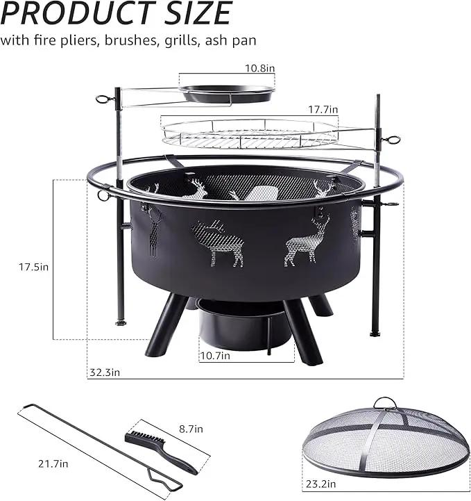 NATURAL EXPRESSIONS 32 Inch Large Fire Pit with 2 Grills, Outdoor Wood Burning Fire Pit with Cooking Grate, Lid, Poker and Round Waterproof Cover for Patio, Ourside, Bonfires, Picnic, Party. by GreenHaven Gardens
