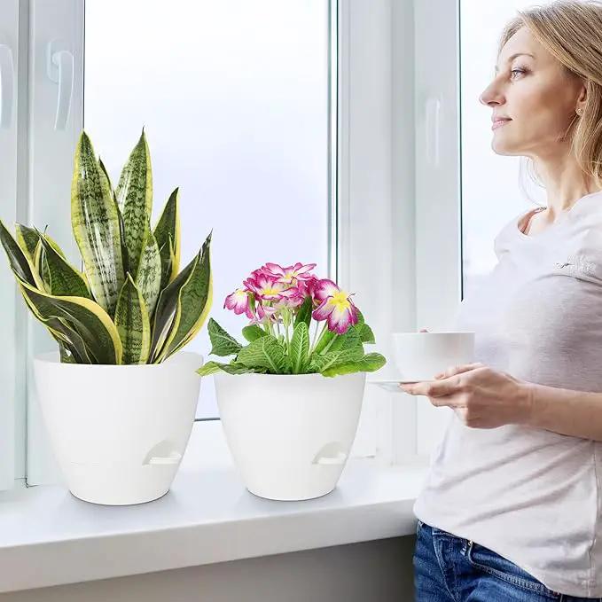Plant Pots 10/9/8/7.5/7 Inch Self Watering Pots, Set of 5 Plastic Planters with Drainage Holes and Saucers,Plastic Flower Pots,Nursery Planting Pot for Indoor Out Door Plants(Pure White) by GreenHaven Gardens