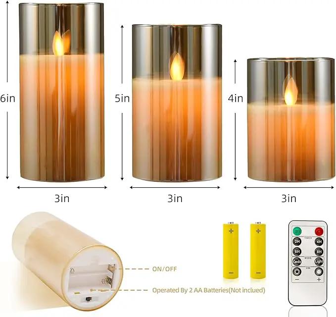 JOSU Flameless Candles 4" 5" 6" Set of 3 Outdoor Indoor Fake Pillars Gold Glass LED Battery Operated Candles Include 10-Key Remote Timer for Wedding Party Halloween Christmas Thanksgiving Fall Diwali by GreenHaven Gardens