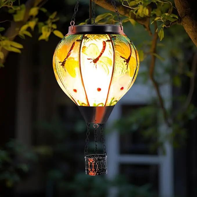Dragonfly Solar Hot Air Balloon Lantern with Flame, Glass Hot Air Balloon Solar Lantern Outdoor Waterproof, Decorative Hanging Hot Air Balloon Solar Light for Outside Garden Patio Yard by GreenHaven Gardens