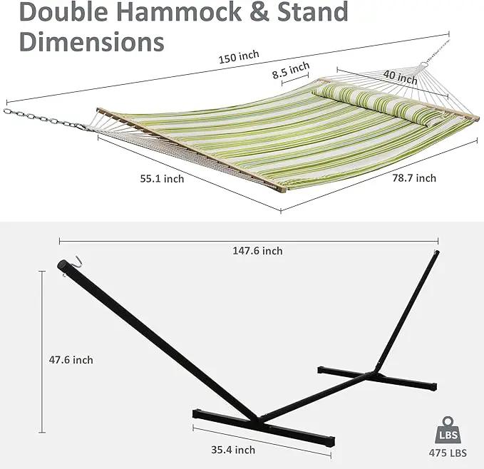 SUNCREAT Portable Double Hammock with Stand, 475 lbs Capacity, Heavy Duty Two Person Hammock with Stand Included, Green Stripe by GreenHaven Gardens