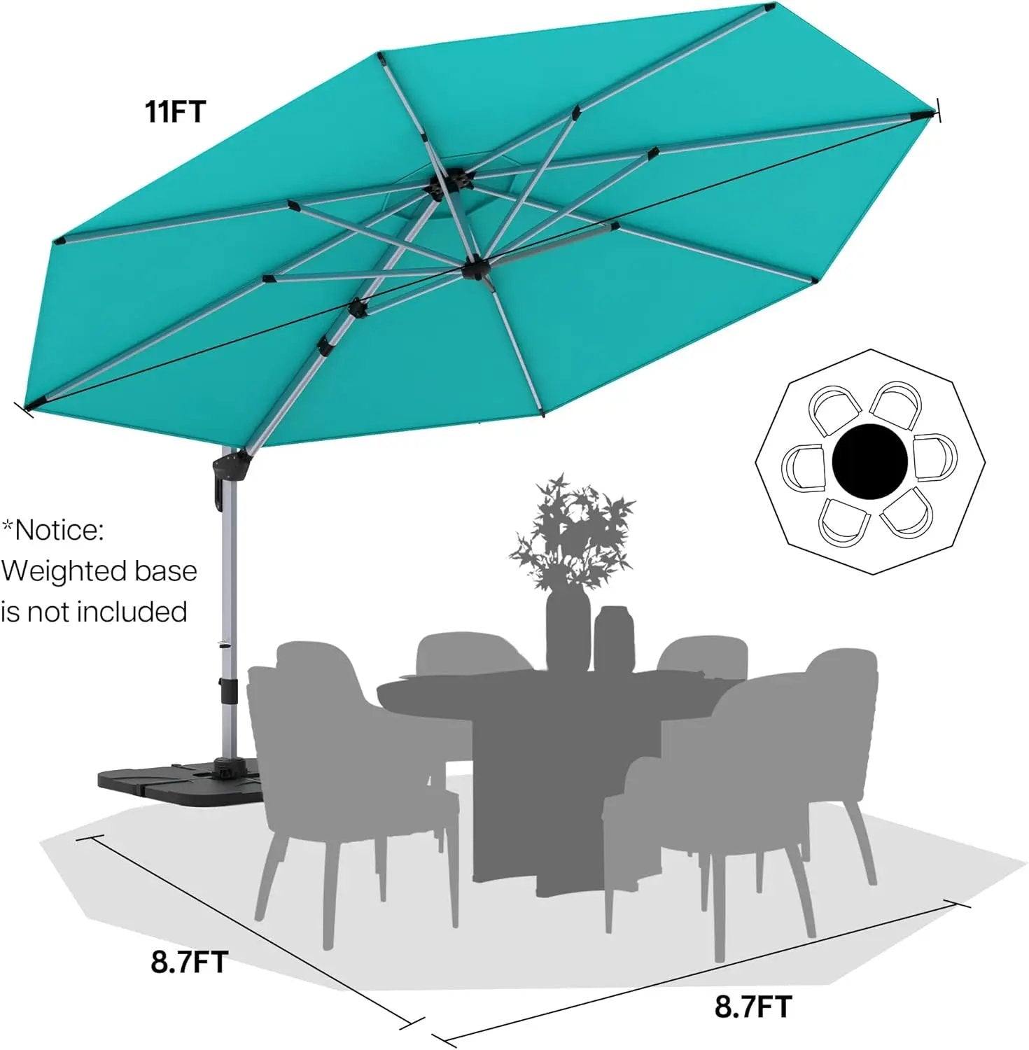Patio Umbrella, 11FT Outdoor Cantilever Umbrella with 360-degree Rotation for Garden, Deck, Backyard, Pool and Beach, Turquiose by GreenHaven Gardens